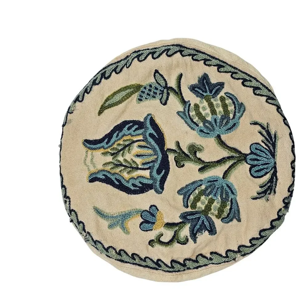 Vintage Crewel Embroidered Pillow Cover Round 12